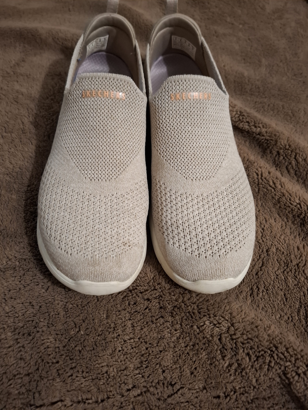 Skechers Women's Slip-On Knit Sneakers in Light Beige with Pale Pink Logo